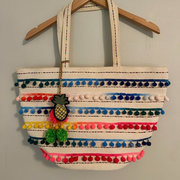 America & Beyond Handbags - America & Beyond Canvas Tote Bag Pom Poms Bucket Style Purse Beach Boho